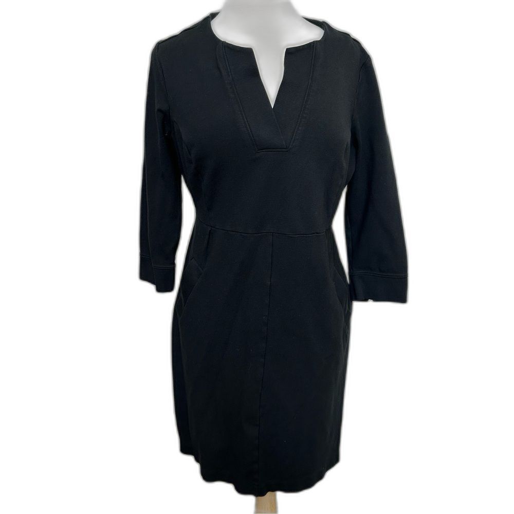 Lands End Black Ponte Notched Neck 3/4 Sleeve Dress Women 12P - Demure LBD